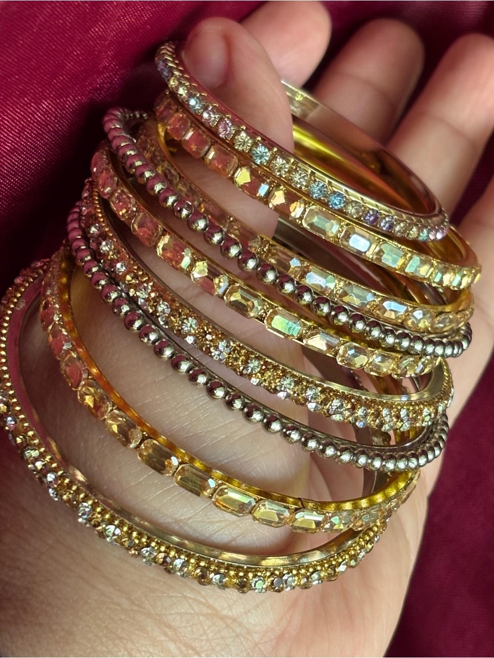9 pc bundle Gold Crystal Multi-Row Stackable Bangle Bracelet Set